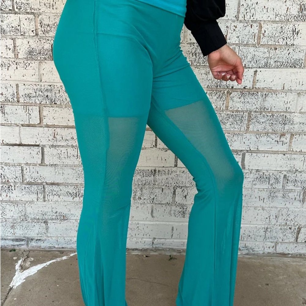 ⭐️ Teal Sheer Mesh Flare Pants Lined Festival Western Boho XS NWT - Picture 2 of 9